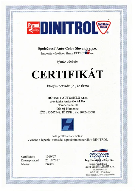 Certifikát DINITROL pre Autosklo ALFA Humenné — školenie výmeny a lepenia autoskiel s materiálmi DINITROL (2007)