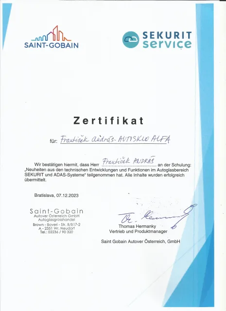 Certifikát Saint-Gobain Sekurit Service — školenie o autosklách SEKURIT a ADAS systémoch pre Autosklo ALFA (2023)